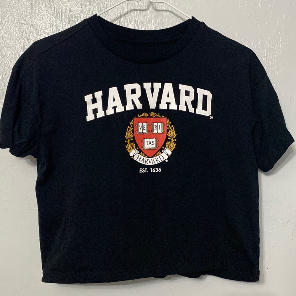 black Harvard crop tee shirt; fits as a small rather than a XS